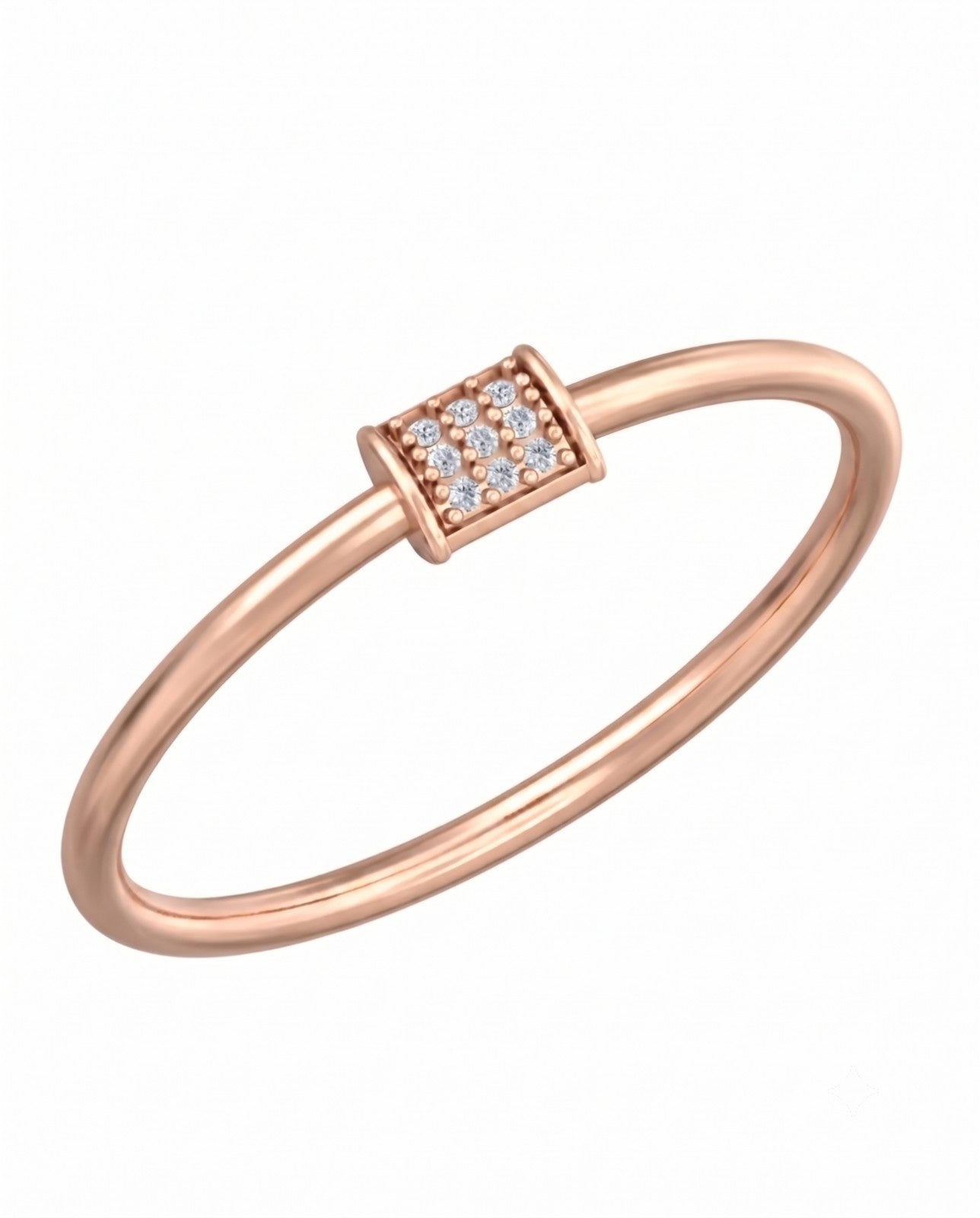 Rose gold ring with a square diamond clasp on a white background


