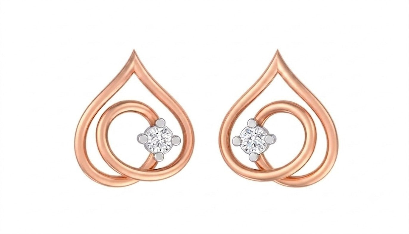 Rose Gold and diamond teardrop-shaped stud earrings with diamond centers on a white background