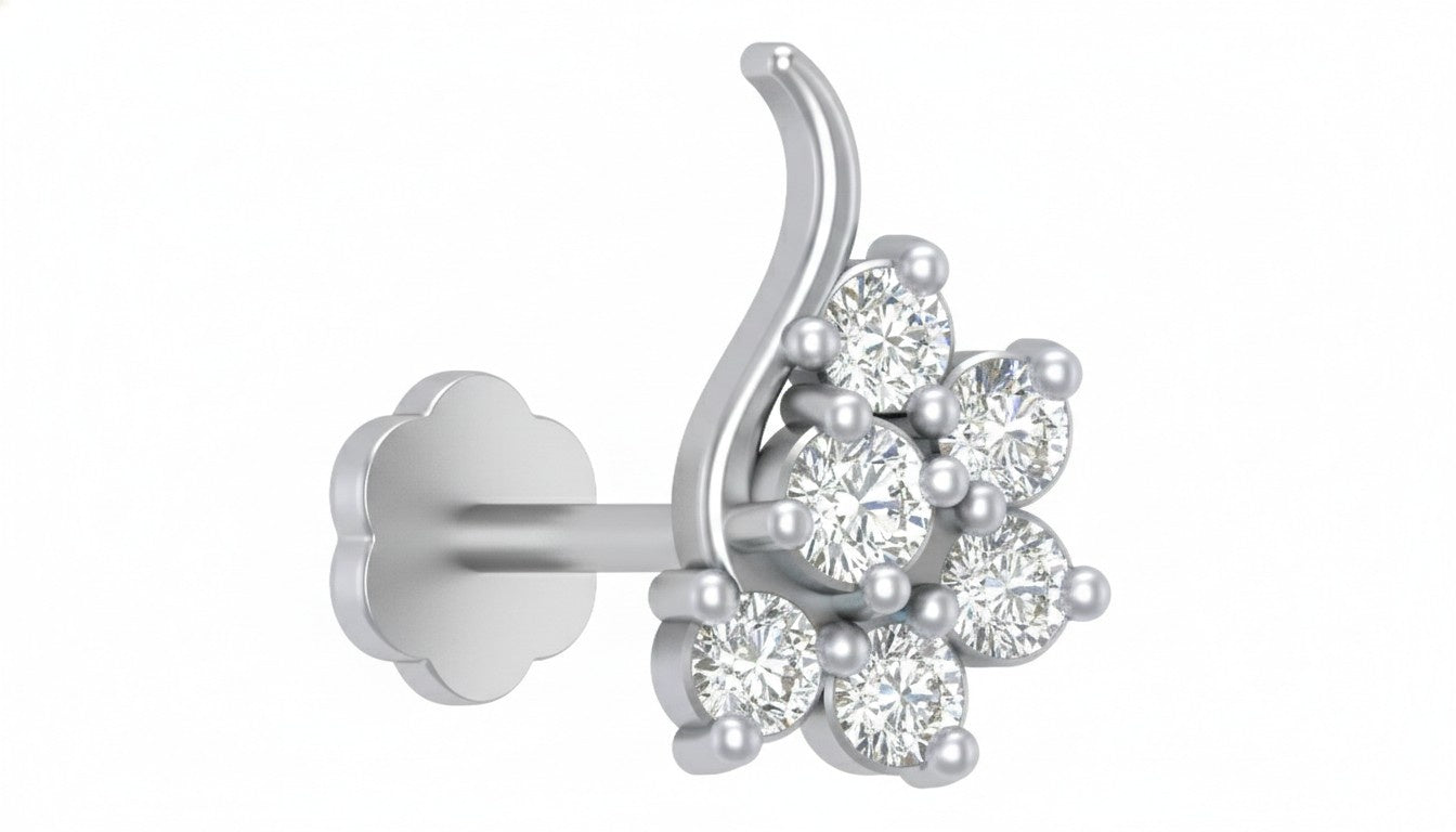 white gold and diamond stud nose pin on a white background