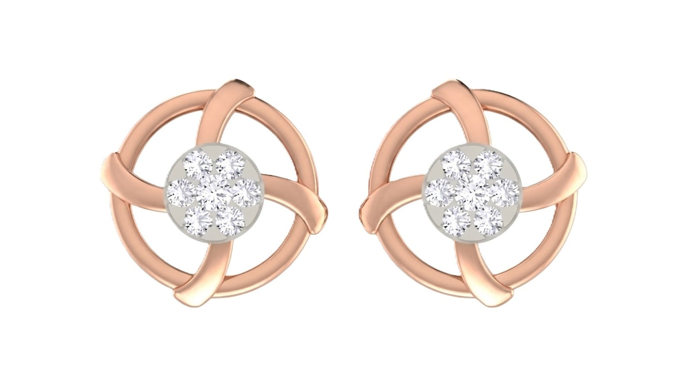 Rose gold and diamond round-shaped earrings on a white background