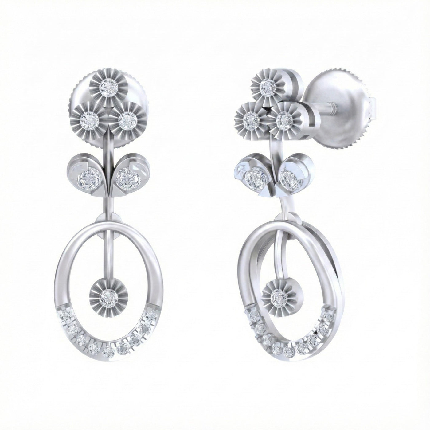 White gold and diamond drop earring on a white background.