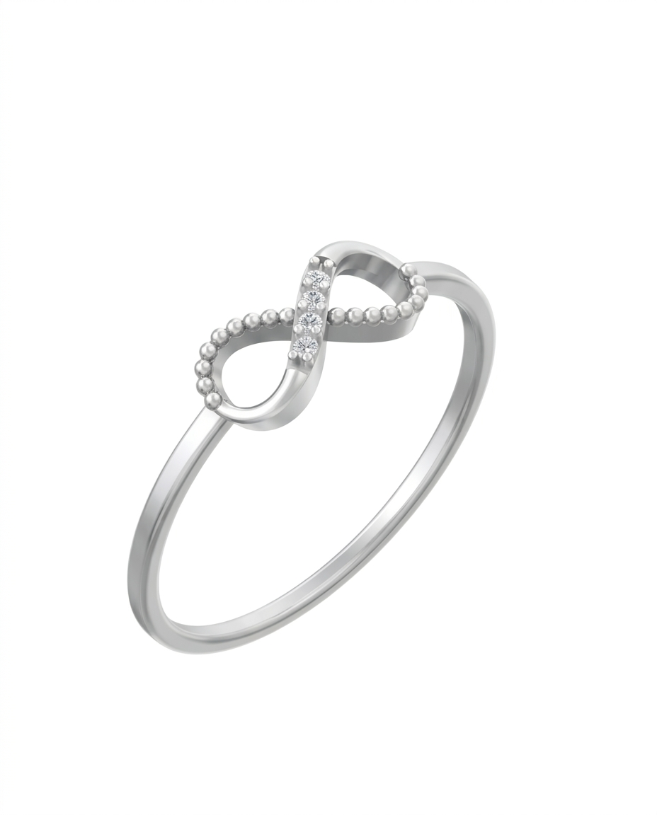 White gold infinity ring with small stones on a white background