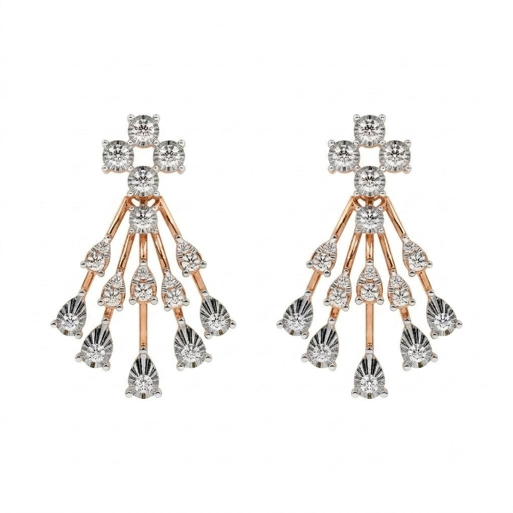 Rose gold and diamond chandelier earring on a white background.