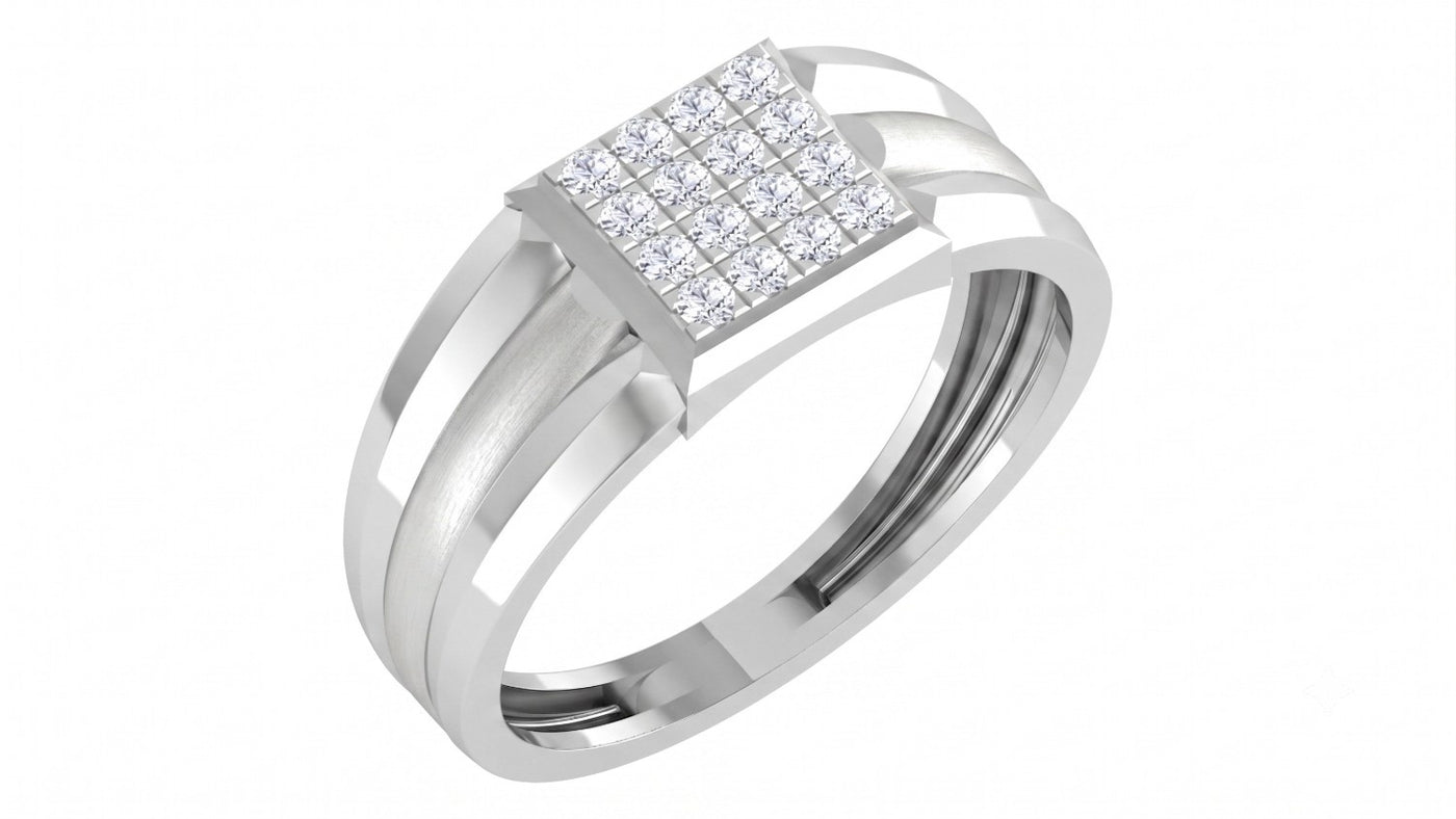 White gold and diamond mens ring on a white background.