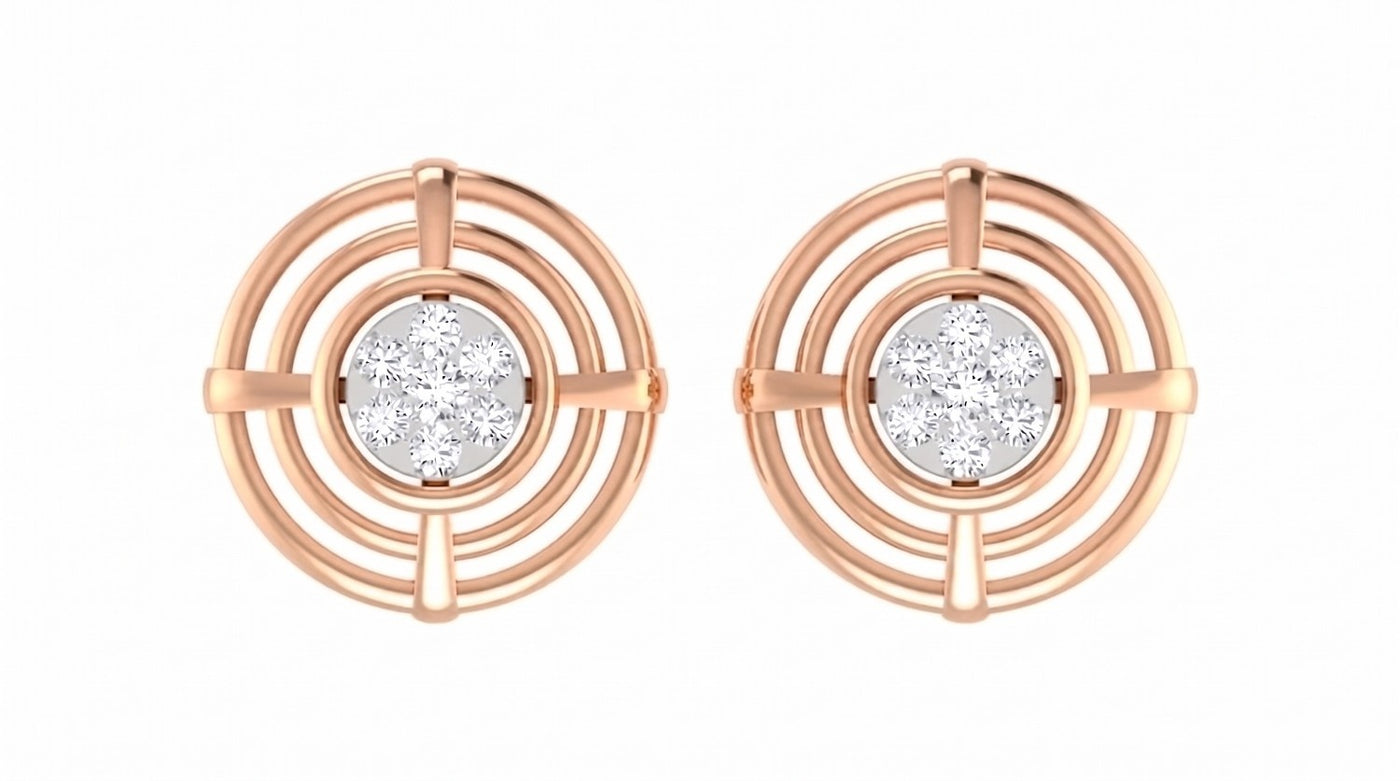 Rose gold and diamond stud earrings with circular design on a white background