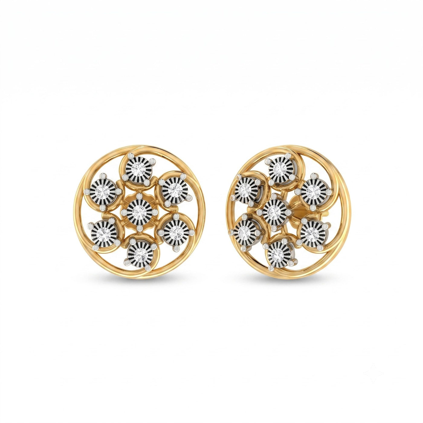 A pair of yellow gold stud earrings with circular openwork designs filled with small diamond.