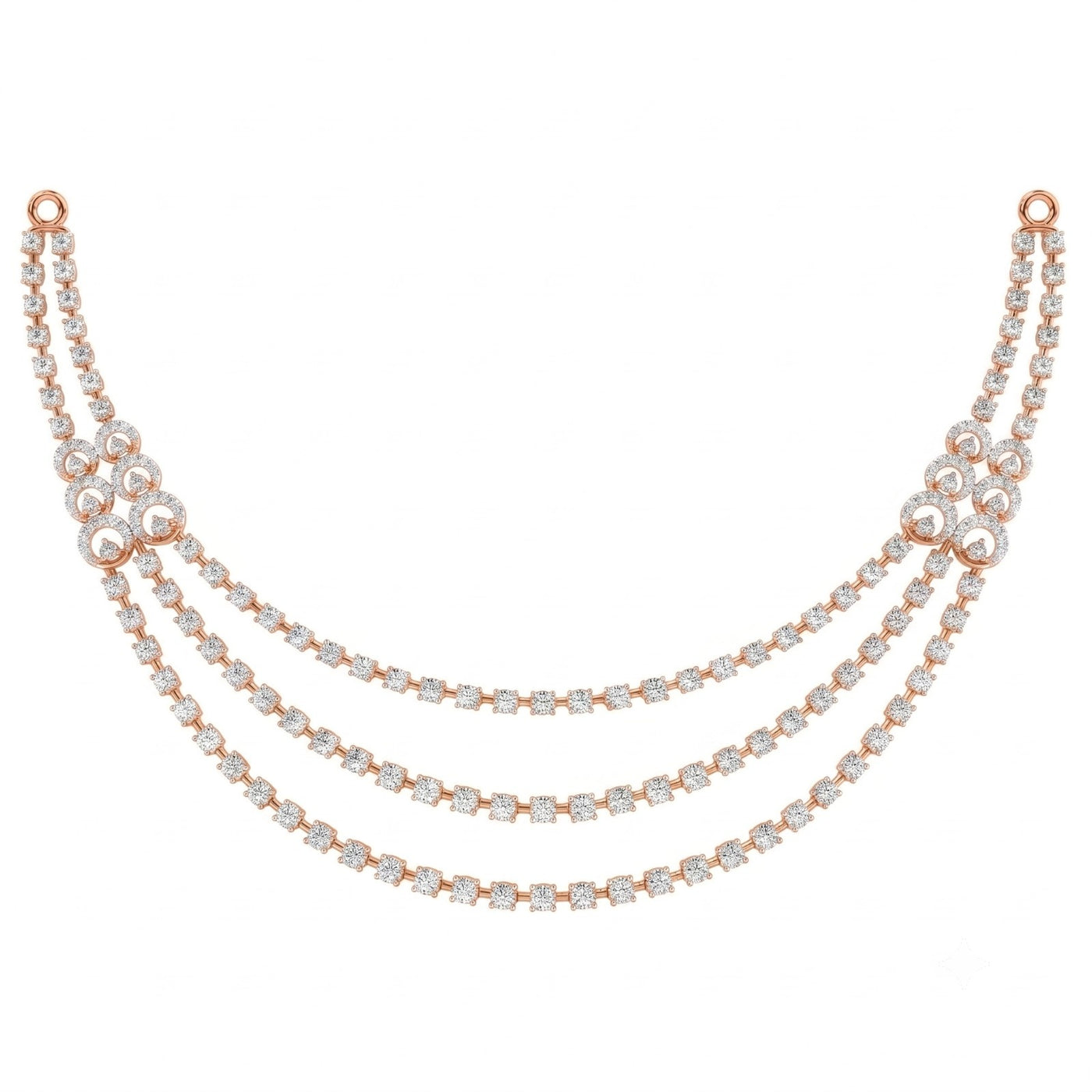 A rose gold and diamond layered necklace, displayed on a solid white background.