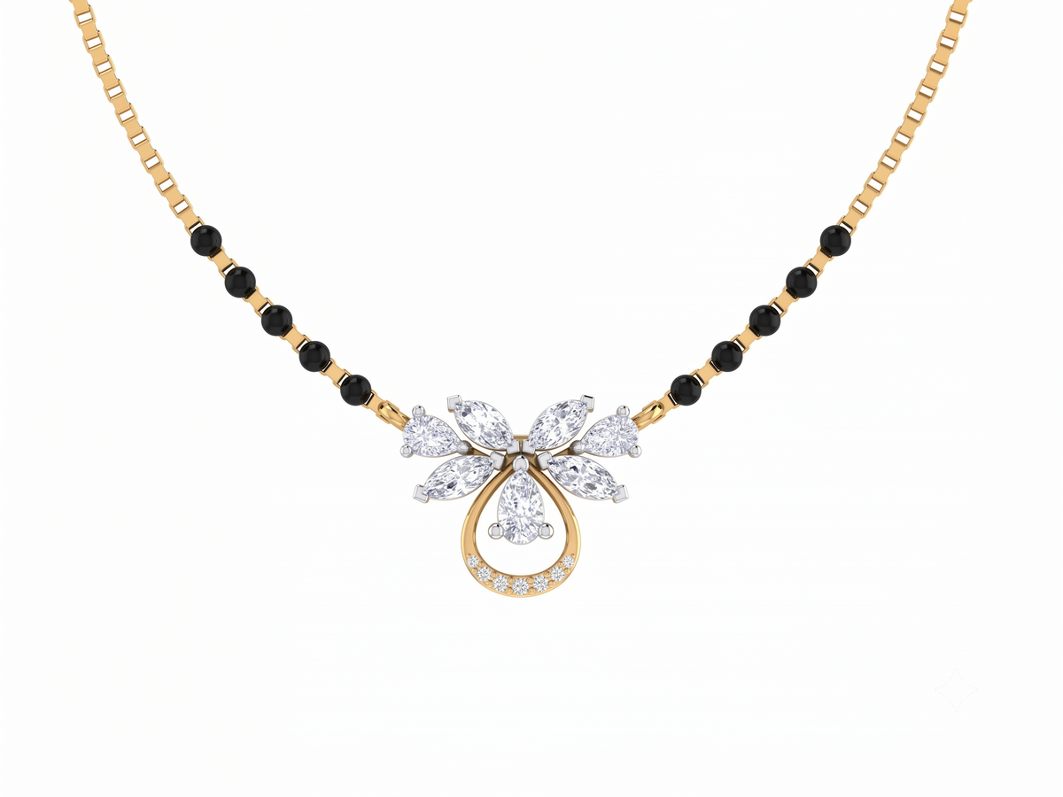 yellow gold and diamond mangalsutra with black beads on a white background