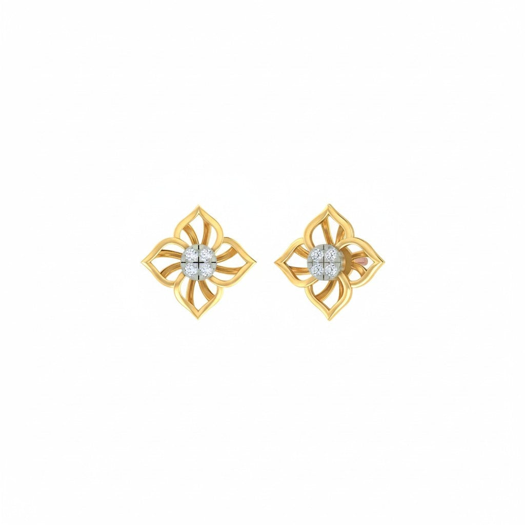 Yellow gold and diamond floral stud earring on a white background.