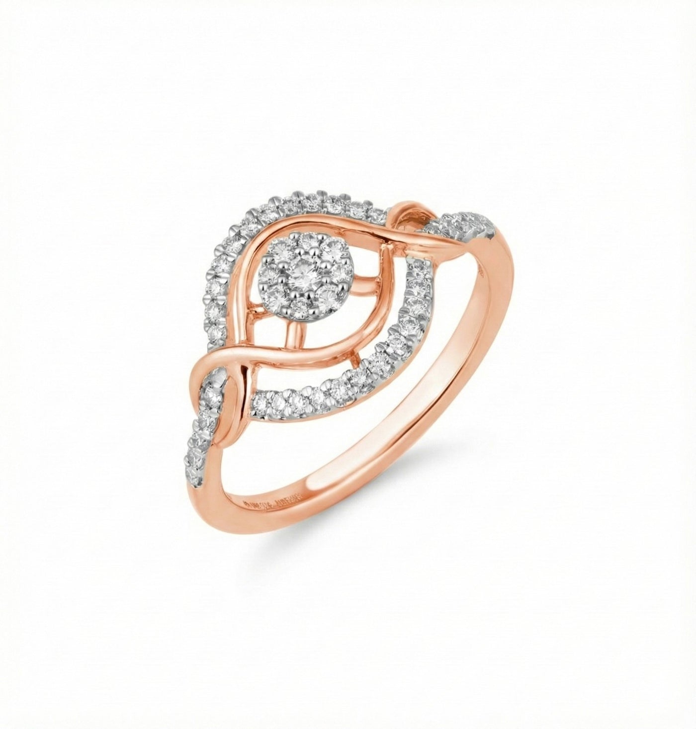 Rose gold ring with diamond accents on a white background