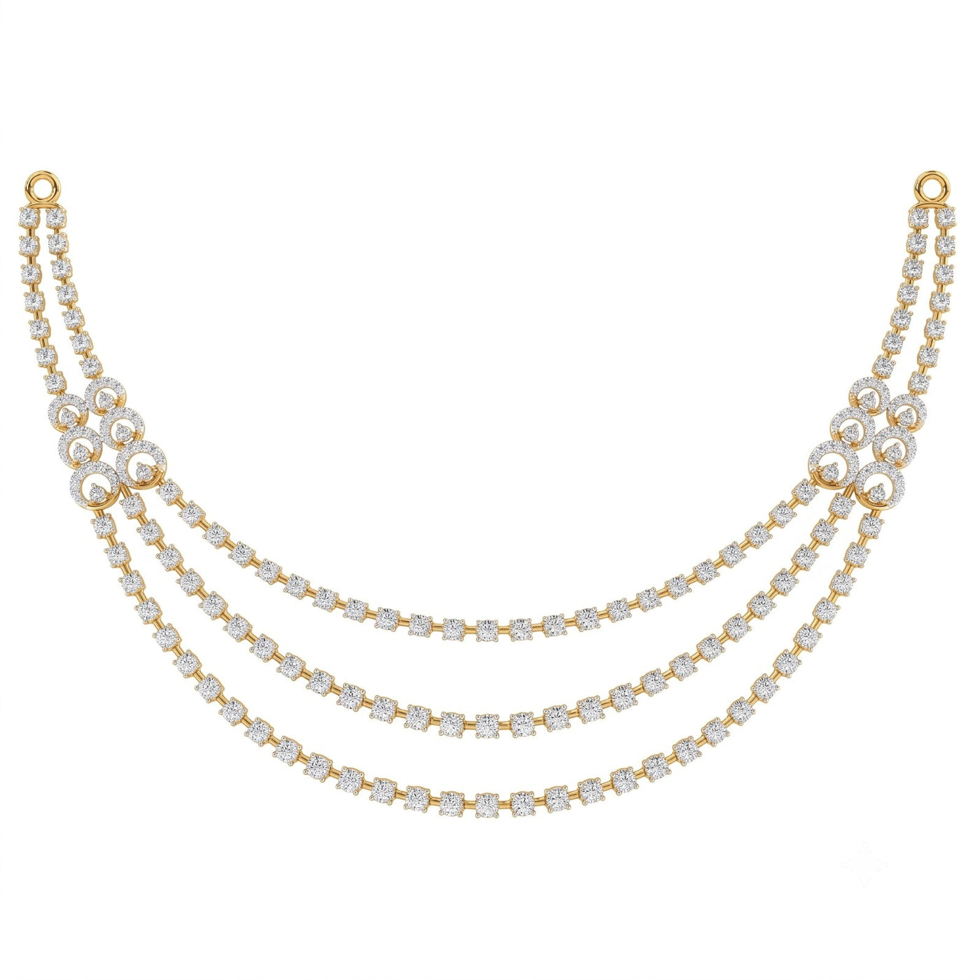A yellow gold and diamond layered necklace, displayed on a solid white background.