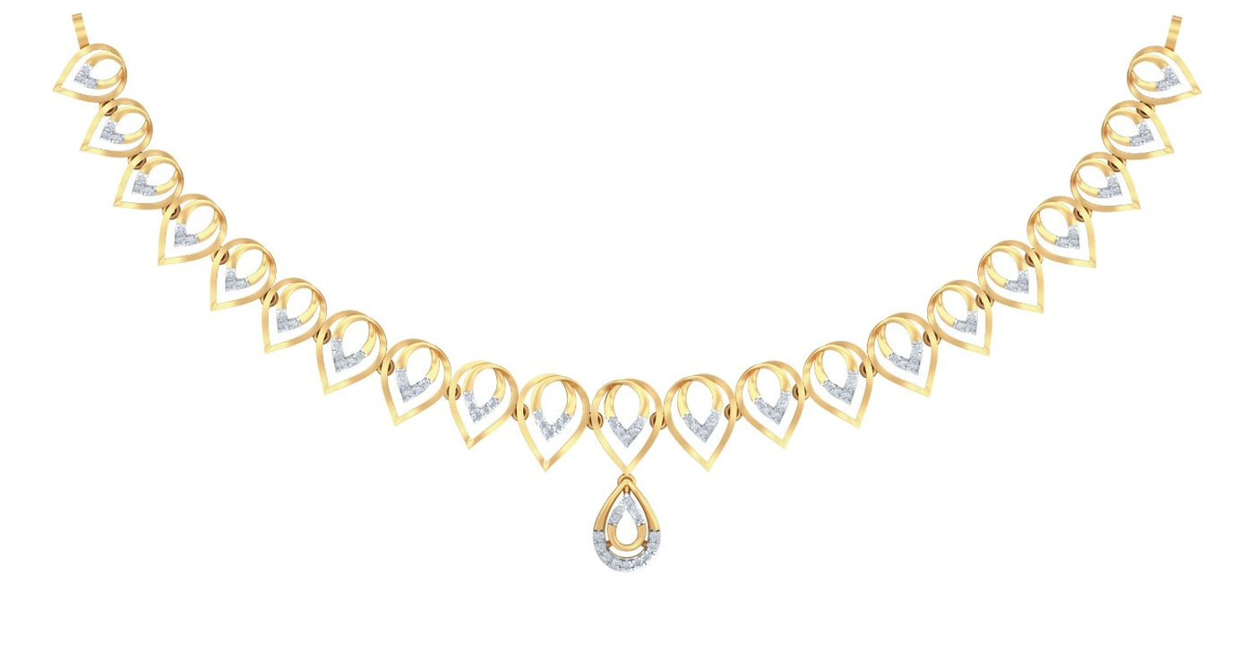 Yellow gold and diamond necklace with teardrop design, shown on a plain white background.