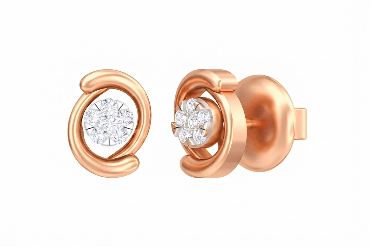 Rose gold and diamond stud earrings on a white background