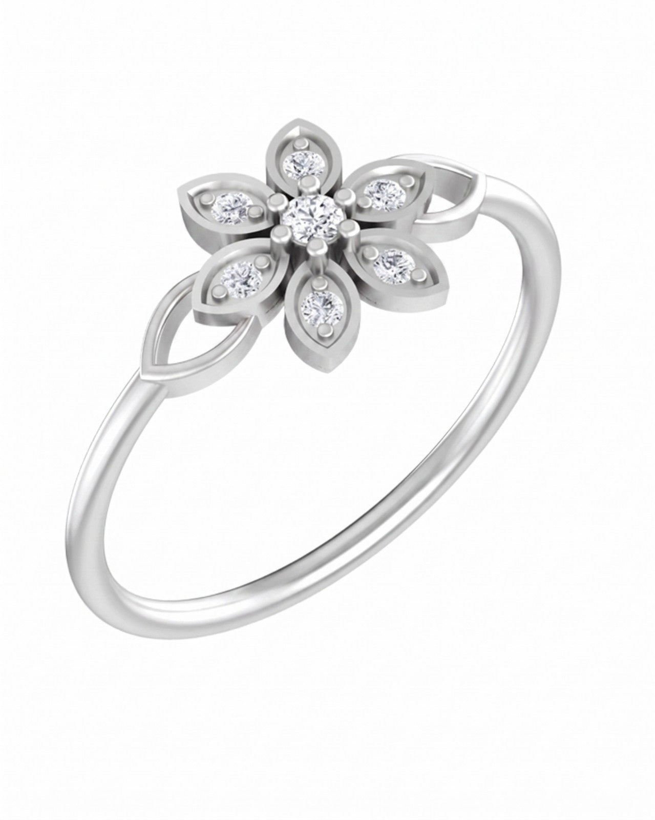 White gold ring with a diamond flower design on a white background