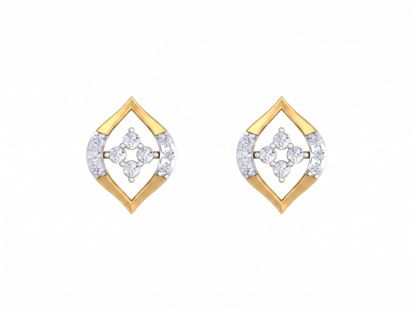 Yellow gold and diamond stud earrings on a white background.