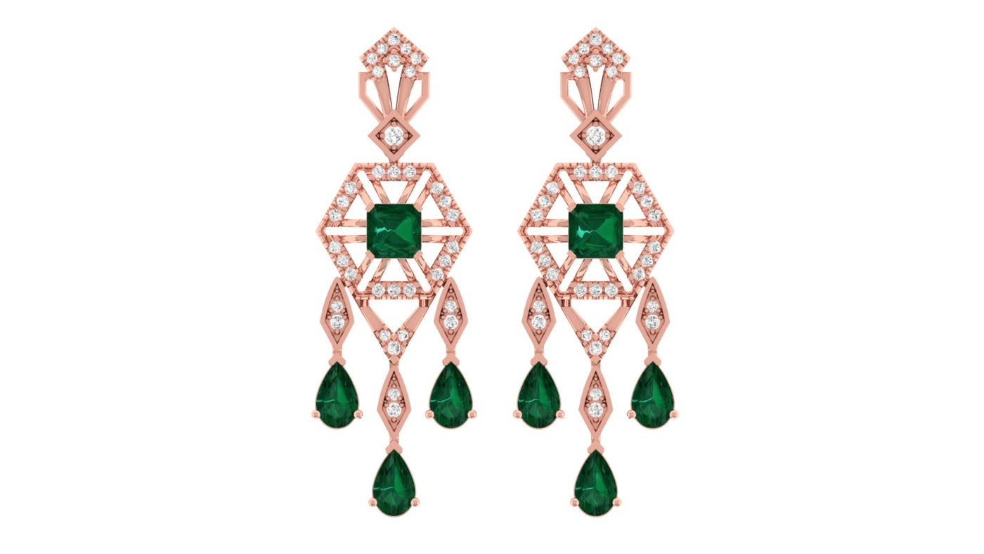 A pair of rose gold chandelier earrings featuring green emerald-cut gemstones, shown against a plain white background.