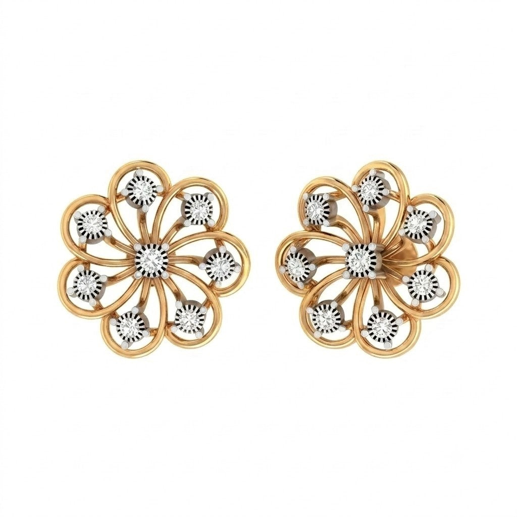 Yellow gold and diamond stud earring with floral-shaped on a white background.