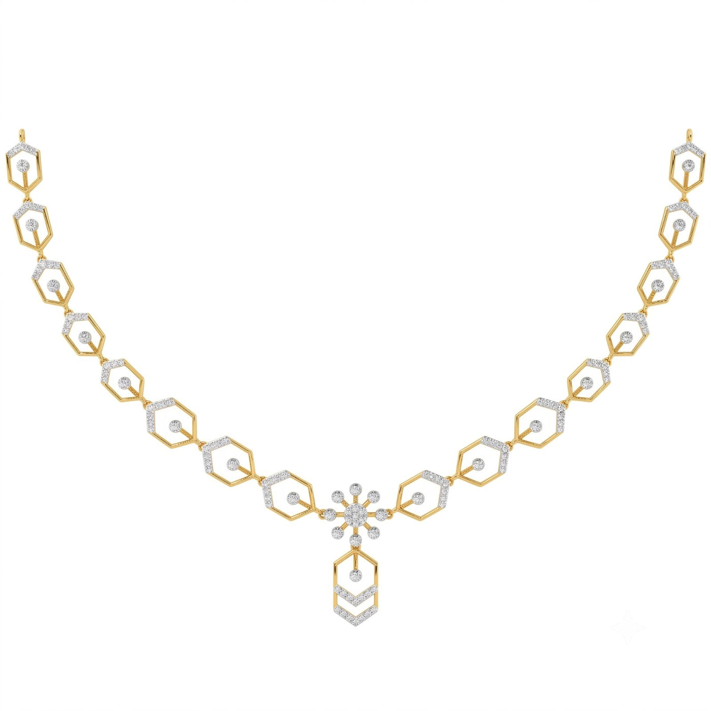A yellow gold and diamond necklace with a central floral starburst motif, set against a plain white background.