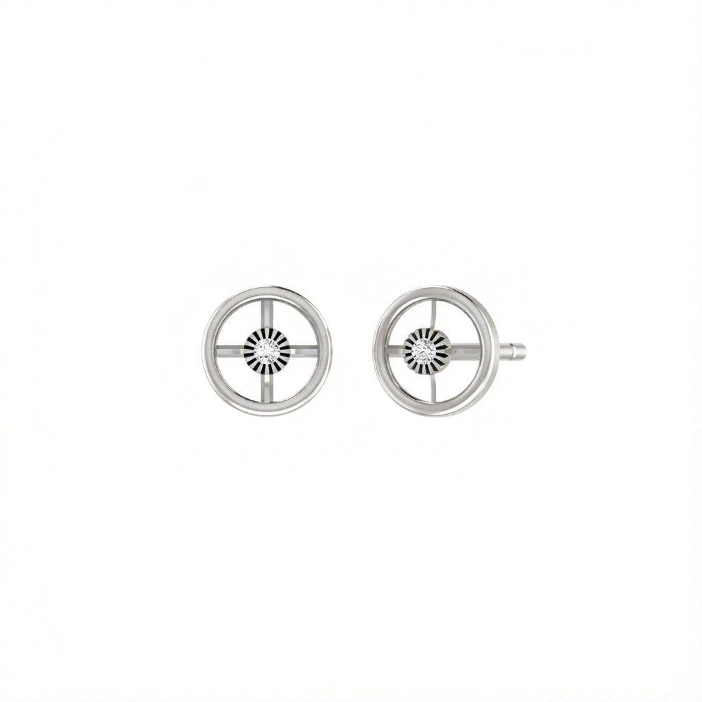 White gold and diamond round-shaped stud earring on a white background.