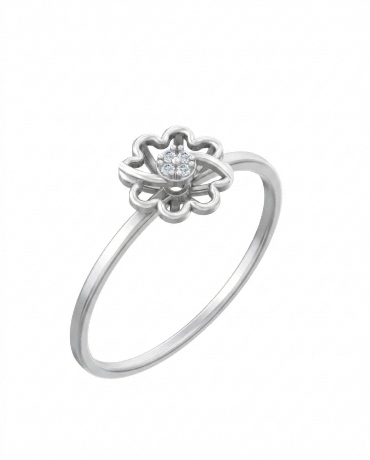 White gold ring with a floral design and small diamonds on a white background
