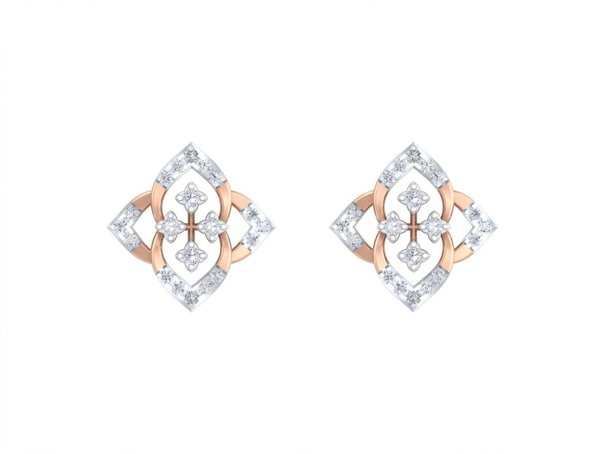 Rose gold and diamond stud earring with floral-design on a white background.