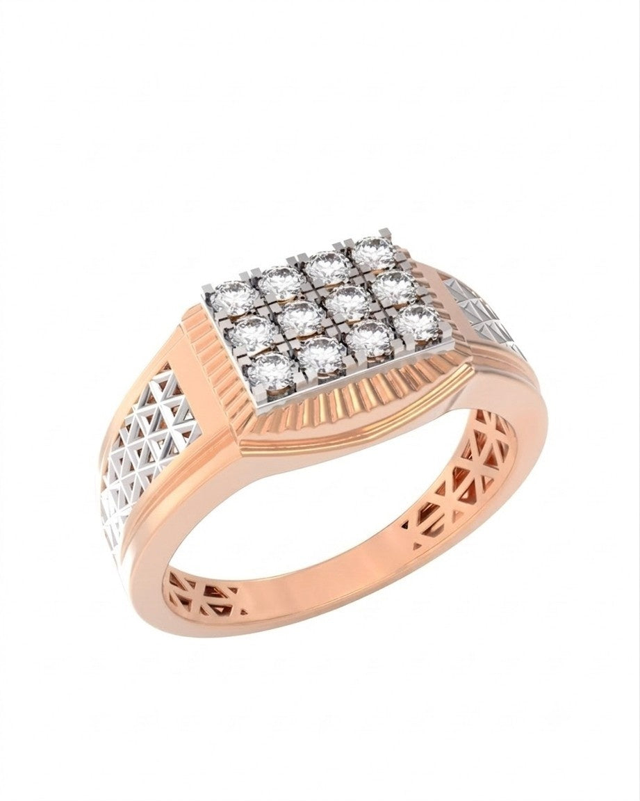 A rose gold and diamond ring featuring a square cluster, with geometric on the shoulders and a polished band.