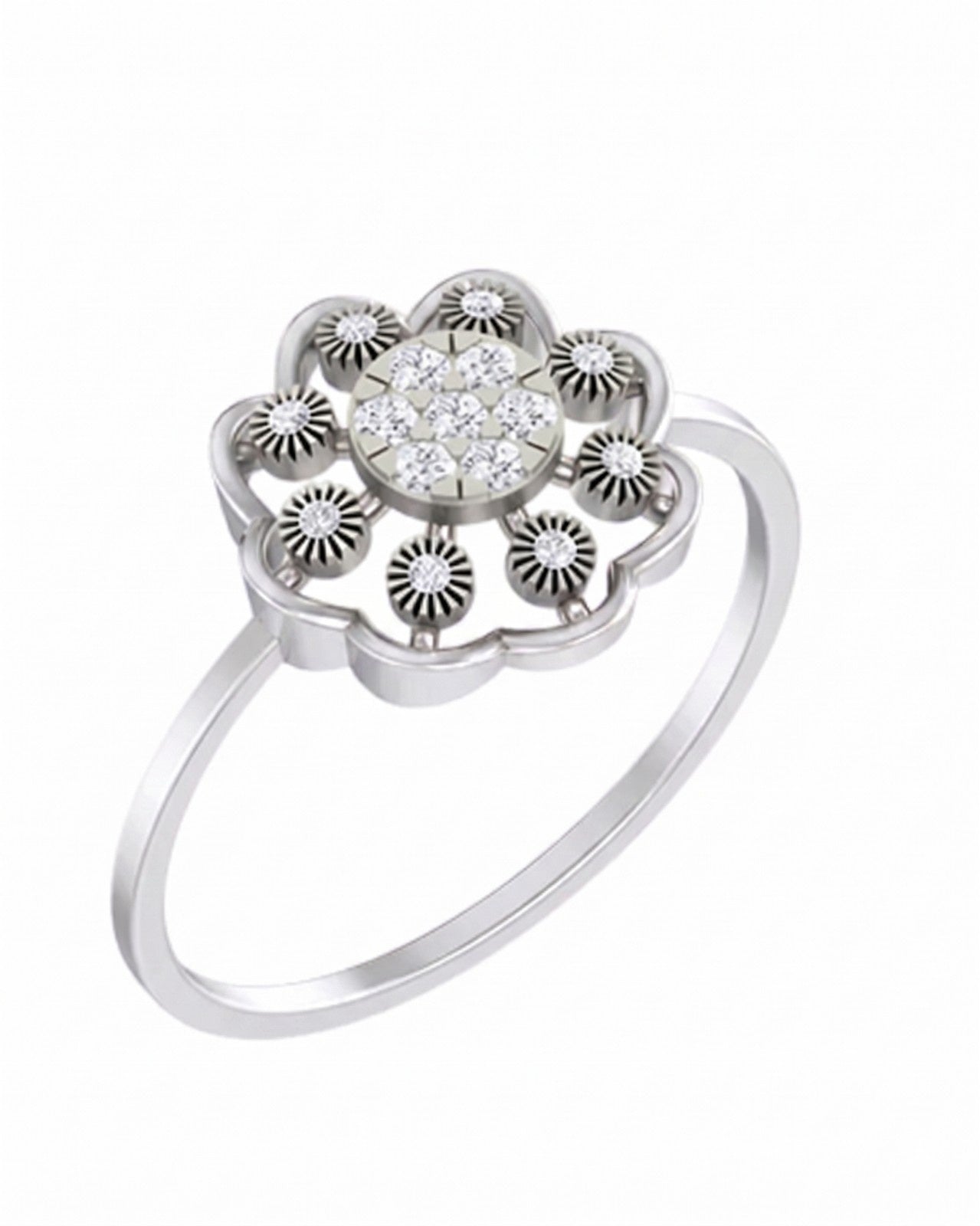 White gold ring with floral design on a white background