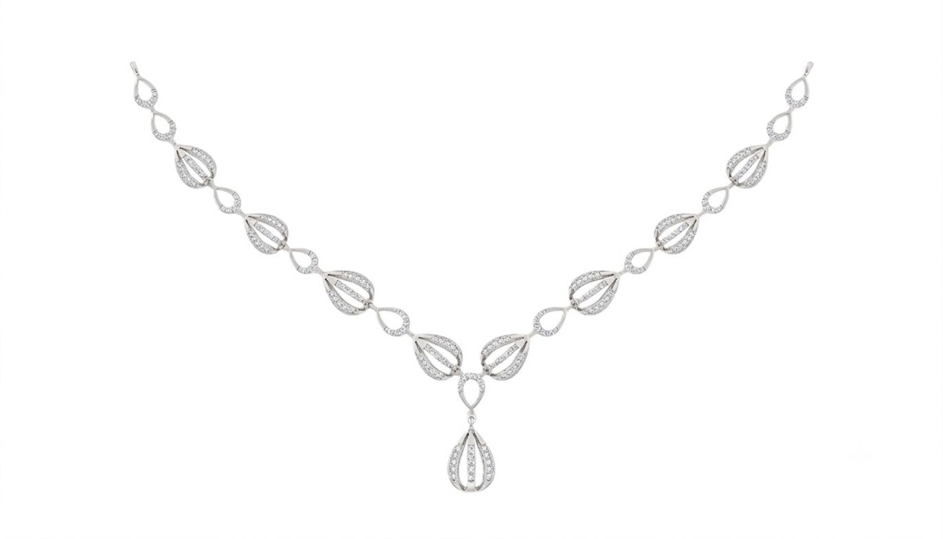 White gold and diamond necklace with a teardrop shaped, on a plain white background.