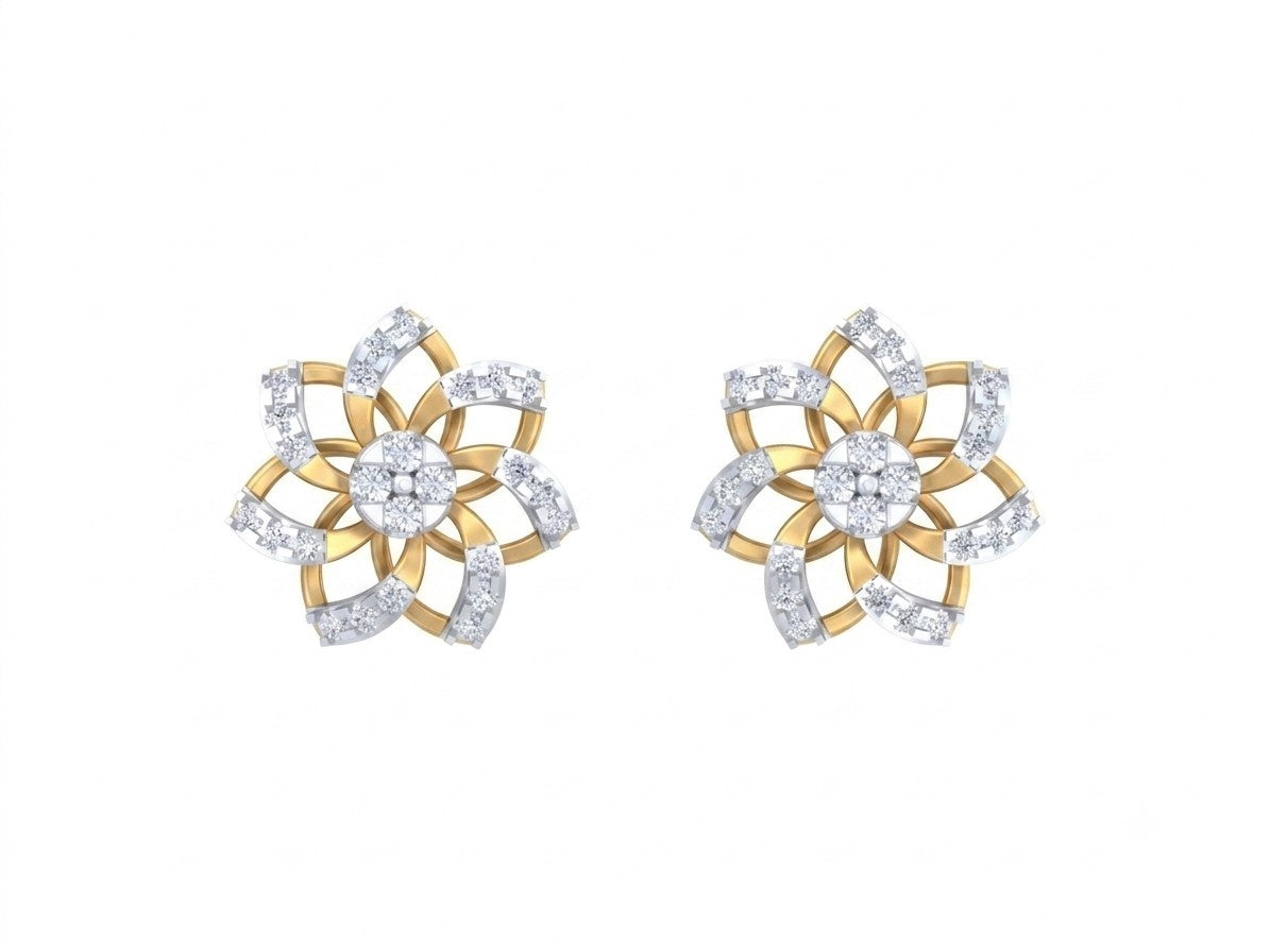 A pair of yellow gold and diamond flower-shaped stud earrings, displayed on a solid white background.