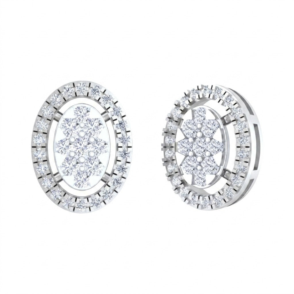 A pair of white gold earrings encrusted with sparkling diamonds, designed in a circular shape.