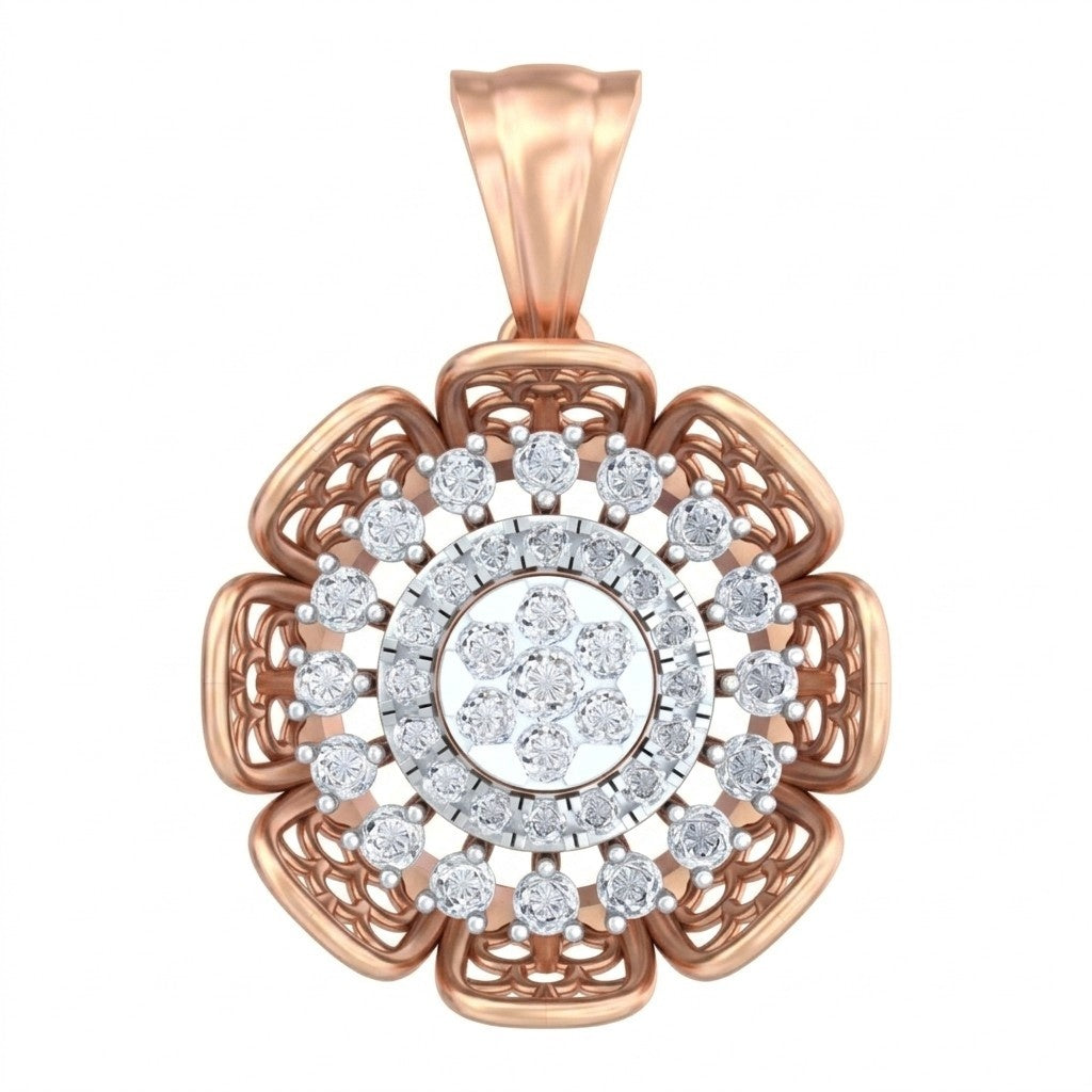 Rose gold pendant with diamond accents on a white background