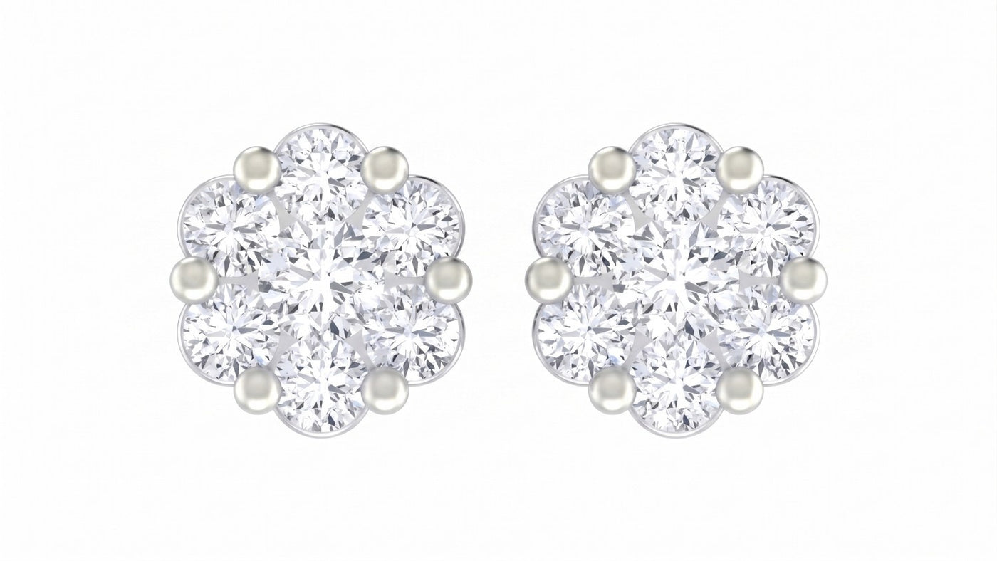White gold and diamond stud earring with floral-design on a white background.
