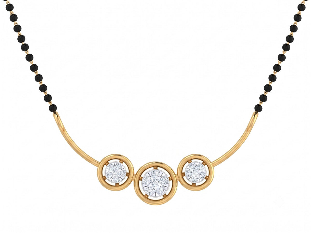 Yellow gold and diamond mangalsutra with circular designs on white background