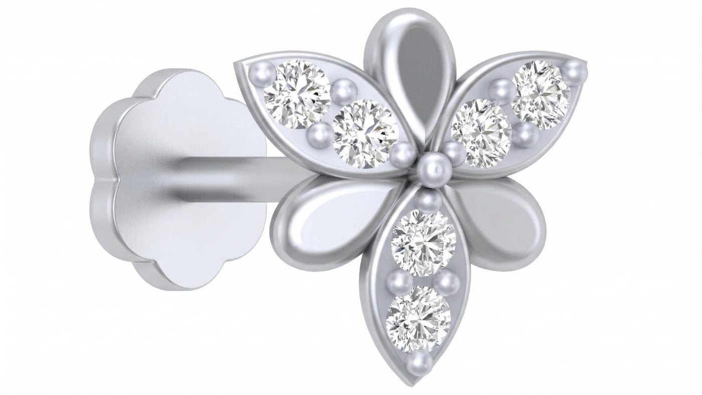 White gold flower-shaped earring with clear gemstones on a white background