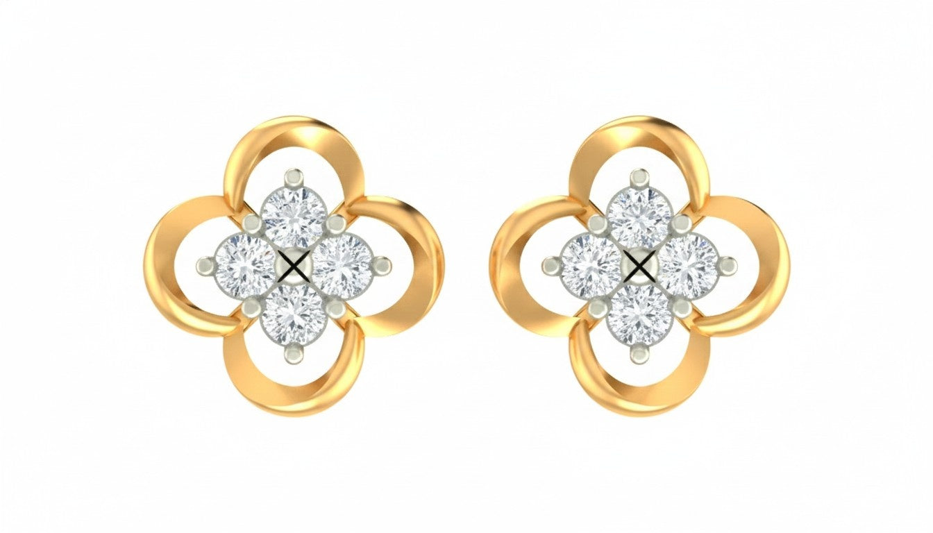 Yellow gold abd diamond stud  earrings with floral-design stones on a white background