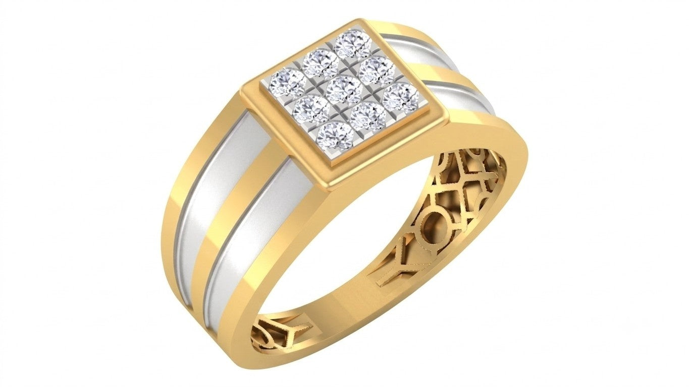 Yellow gold and diamond men's ring with texture on a white background.