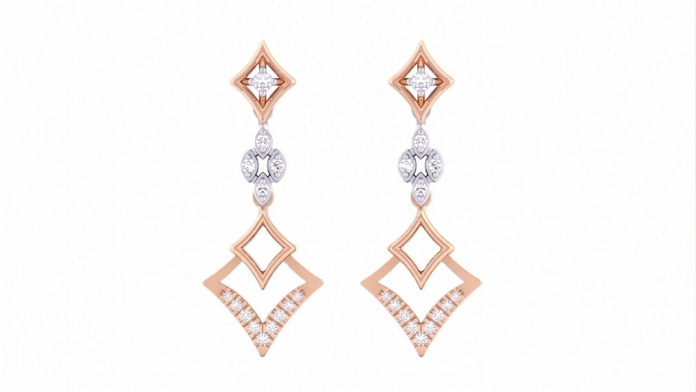 Pair of rose gold and diamond earrings on a white background
