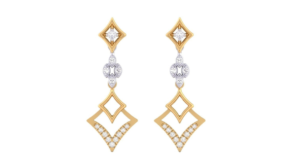 Pair of yellow gold and diamond earrings on a white background