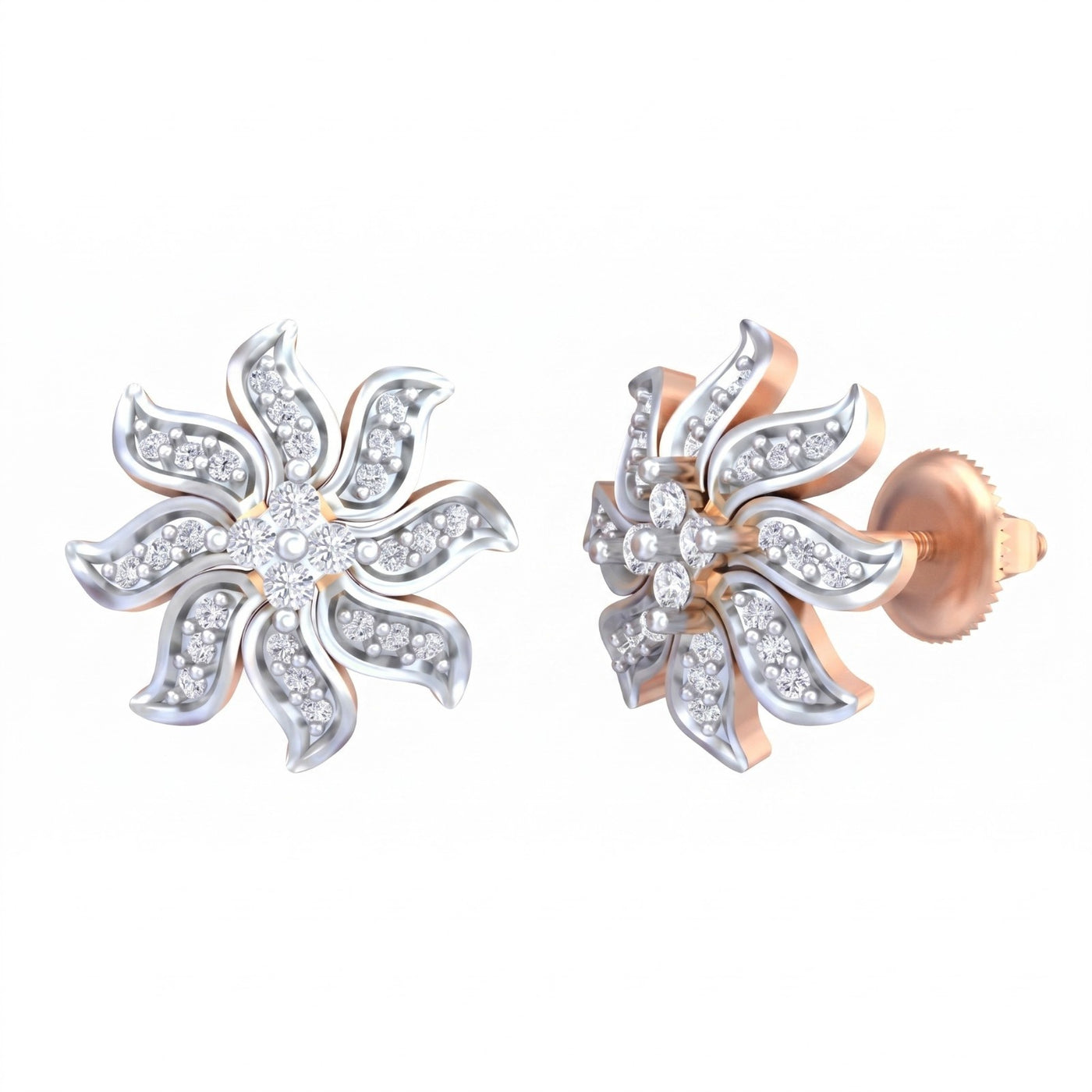 Pair of floral earrings with diamond and rose gold finishes on a white background.