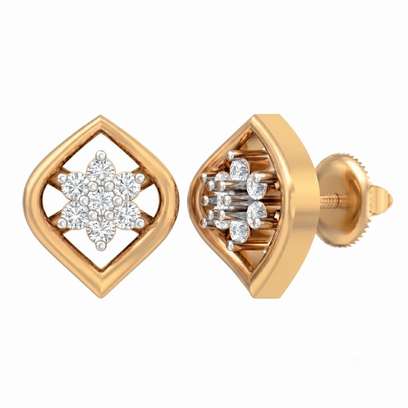 Yellow gold and diamond stud earring on a white background.
