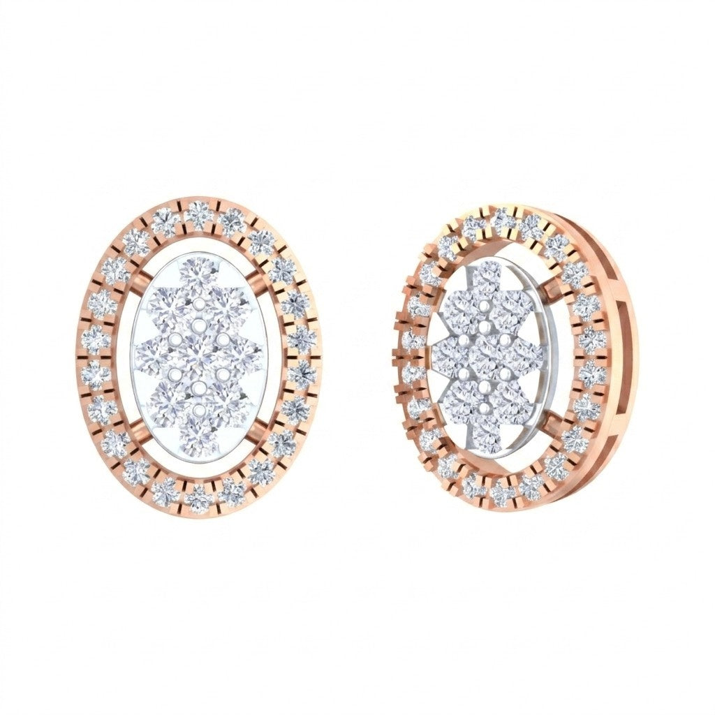 A pair of rose gold earrings encrusted with sparkling diamonds, designed in a circular shape.