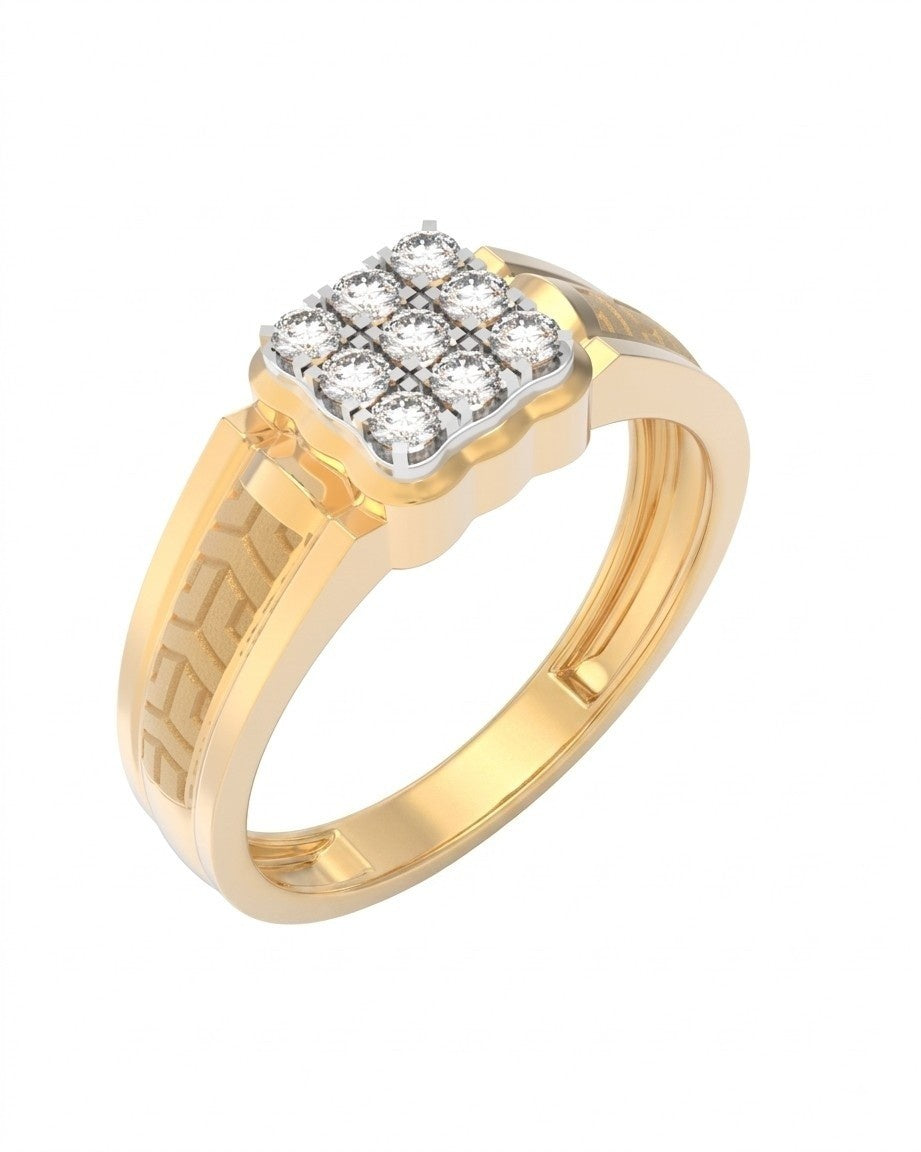 A yellow gold and diamond ring with a square cluster on a white background.