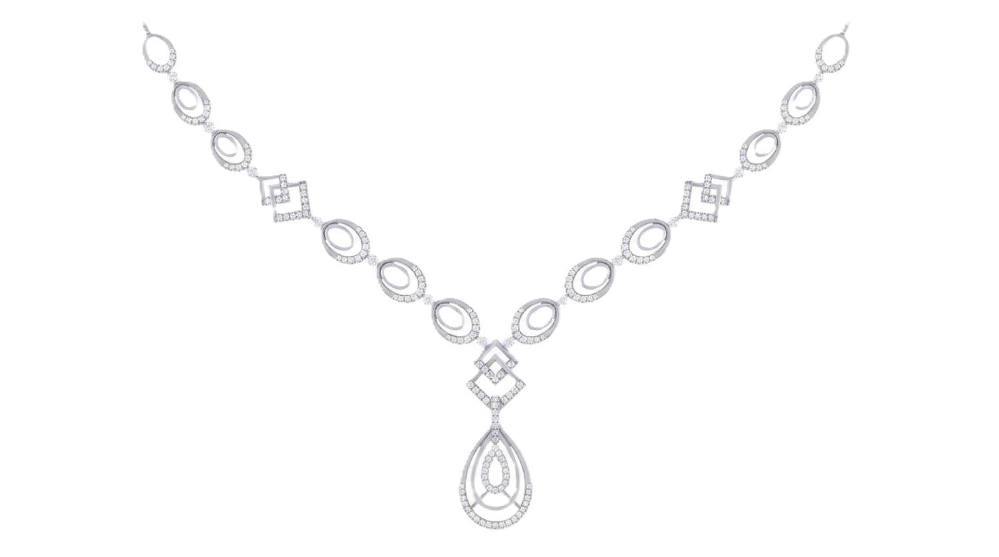 White gold necklace with teardrop design on a white background