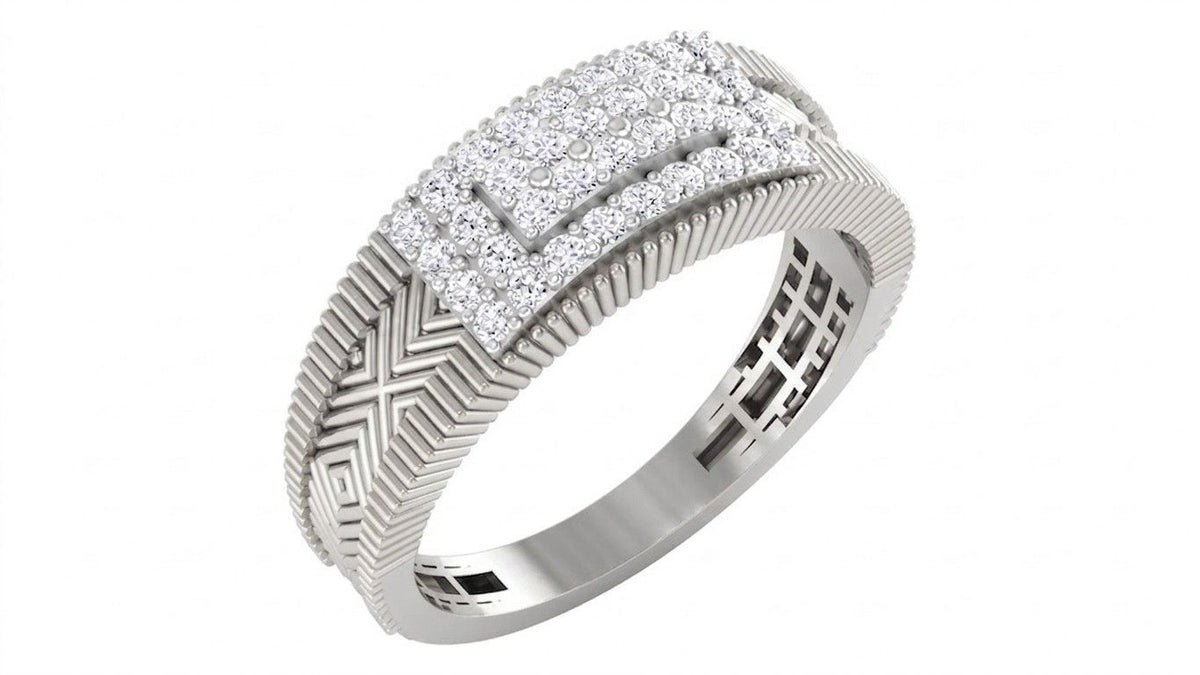 A white gold ring with a textured geometric band and a rectangular diamond cluster setting, shown on a plain white background.