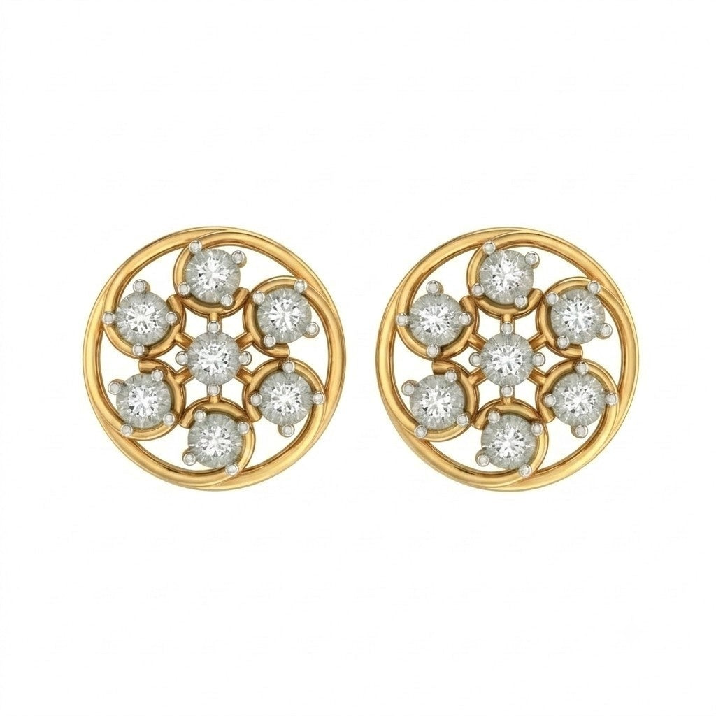 Yellow gold and diamond stud earring with round-shaped on a white background.