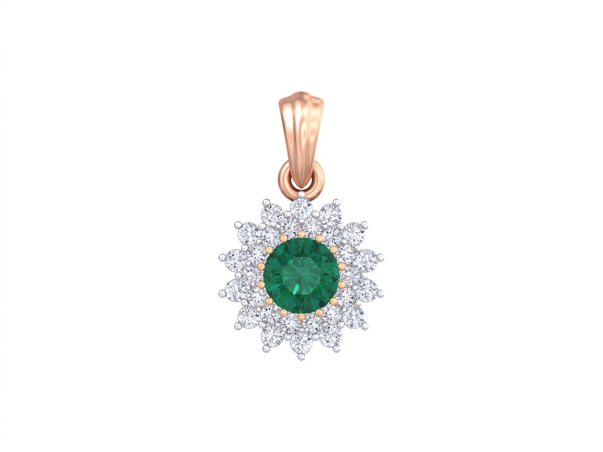 Rose gold and diamond pendant with gemstone on white background