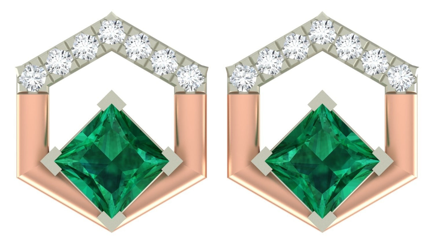 A pair of geometric, two-tone rose gold open-hexagon earrings featuring central square green gemstones