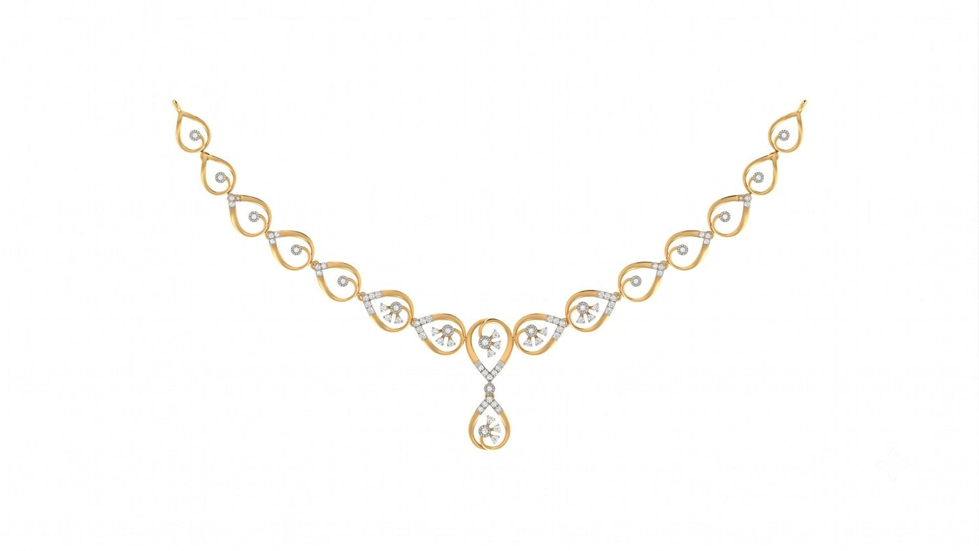Yellow gold and diamond necklace with a teardrop-shaped design.