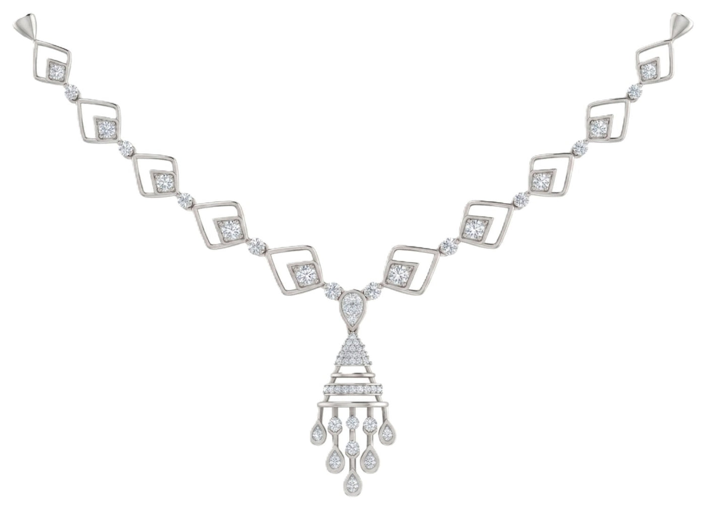 White gold and diamond necklace with a chandelier design on a white background