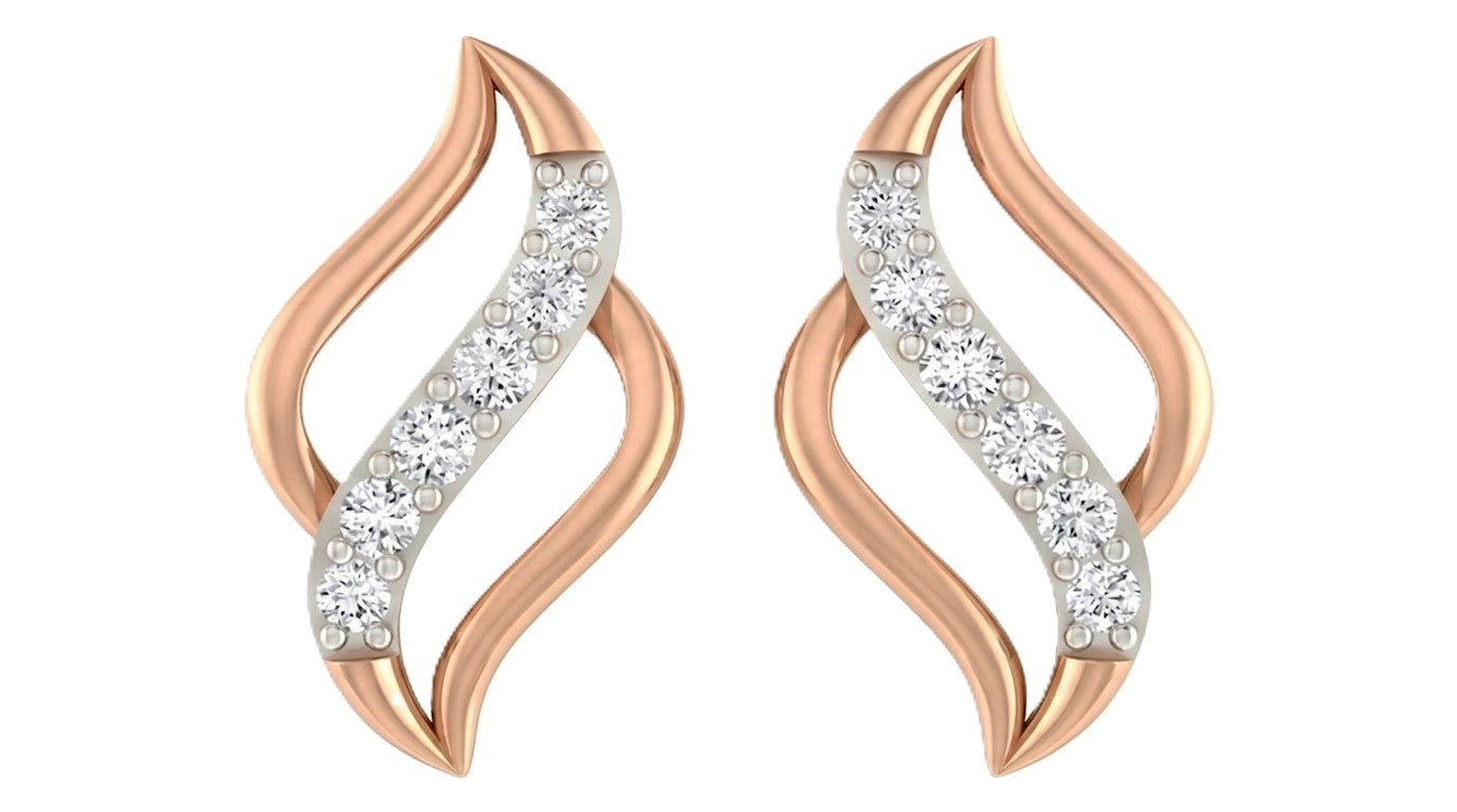 Rose gold and diamond swirl curve stud earring on a white background.